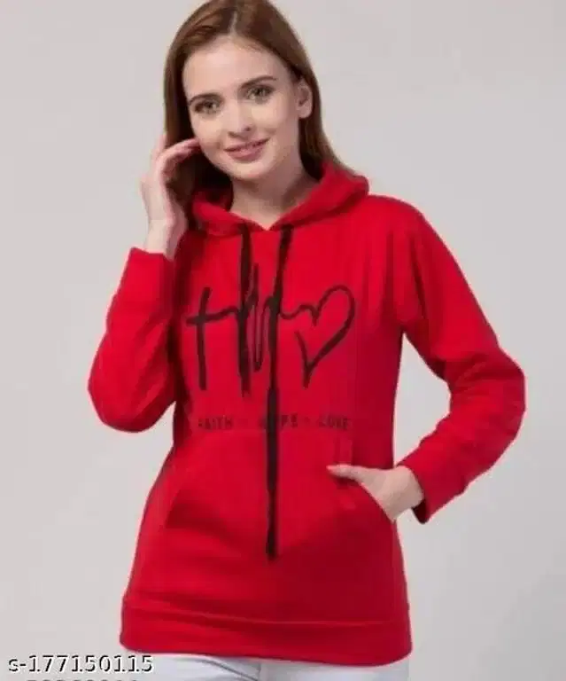 Fleece Full Sleeves Hooded Sweatshirt for Women (Red, S)