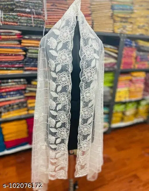 Embroidered Jaipuri Net Floral Sewing & Embroidery (White, Free Size)