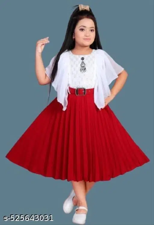 Colorblocked Chiffon Fit and Flare Dress for Girls (Red, 7-8 Years)