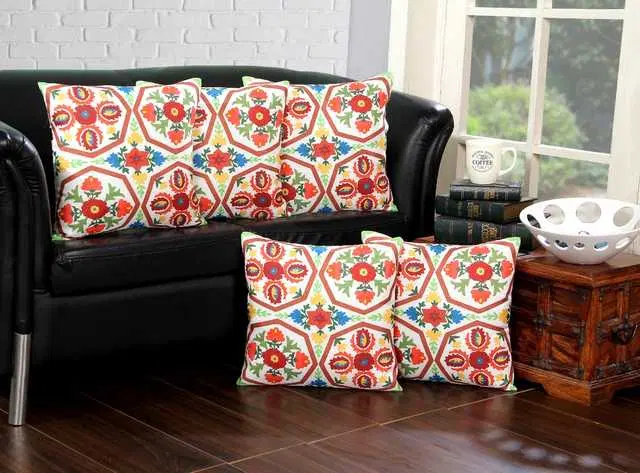 Cushion cover with zip Closure, Set of 5, 16 X 16 Inches, Multicolor, A-335