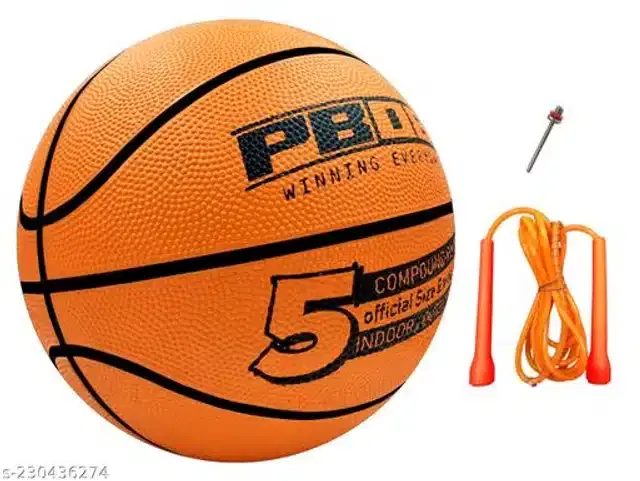 Rubber Basketball, Size 5 with Inflation Needle & Skipping Rope, Multicolor, Set of 3