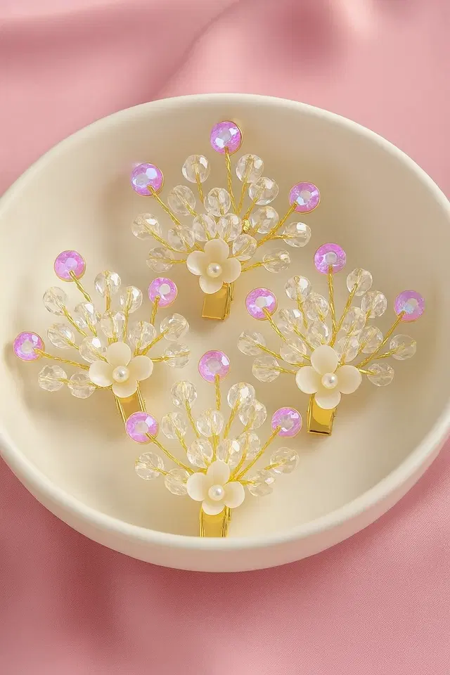 Pearl & Crystal Hair Clip for Women & Girls, White, Pack of 5