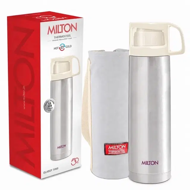 Milton Glassy 1000 Thermosteel 24 Hours Hot And Cold Water Bottle With Drinking Cup Lid, 1 L, Cream