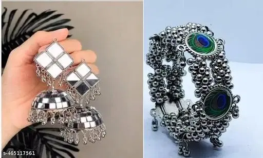 Latest Trendy fashionable & stylish peacock feather designed meenakari in silver color oxidized bracelets (Kada) for girls and women, combo with earring