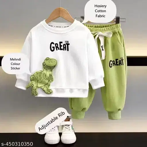 Printed Cotton Blend Clothing Set for Girls (White & Green, 3-4 Y)
