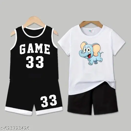 Cotton Blend Printed Clothing Set for Boys, Black & White, Pack Of 2 (6-7 Years)