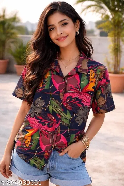 Floral Print Shirt Top for Women (Multicolor, L)
