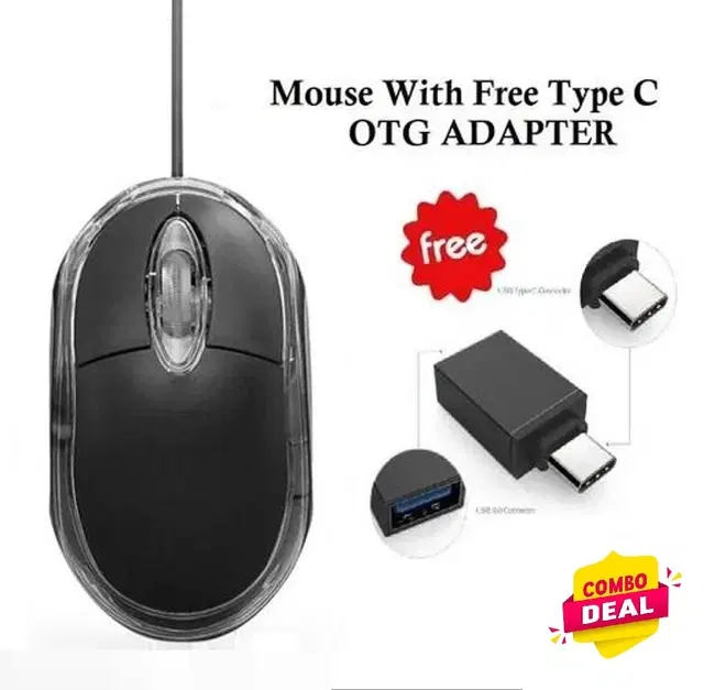 Mini Wired USB Optical Mouse with OTG Type C, Black, Set of 2