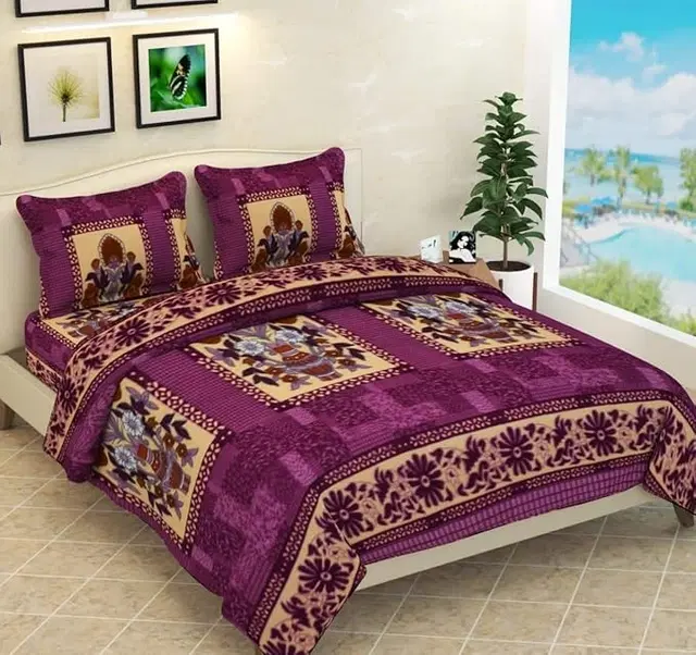 Fleece Floral Flat Bedsheets with Two Pillow Covers, Purple, 108x108 Inches