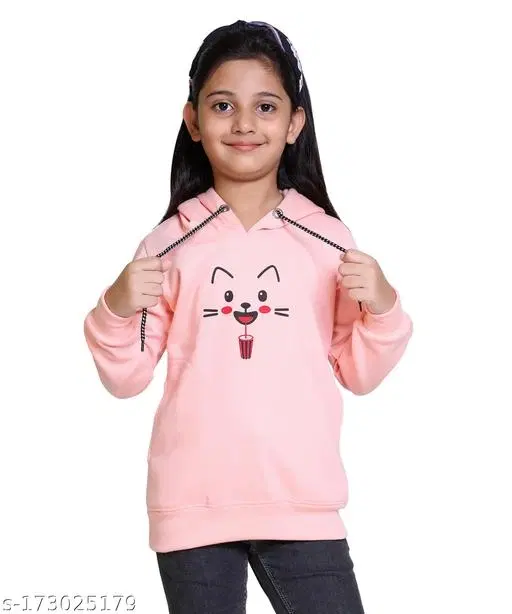 Woolen Printed Hoodie for Girls (Peach, 8-9 Years)