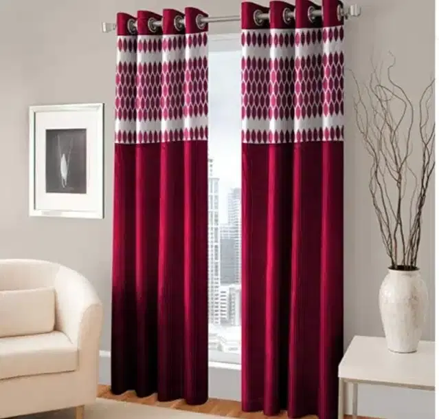 Polyester Patch Worked Window & Door Curtains, Pack of 2, Maroon, 5 feet