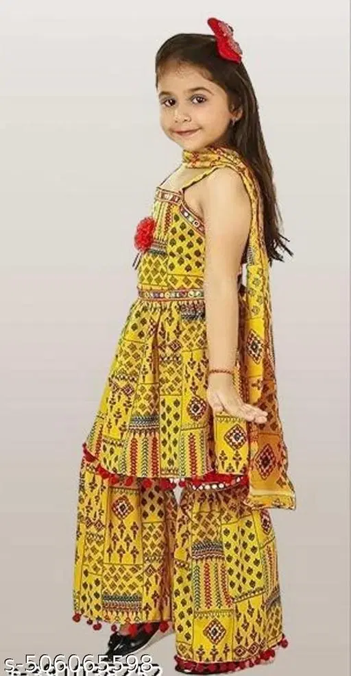 Ethnic Motif Cotton Blend Kurta Set for Girls (Yellow, 9-10 Years)