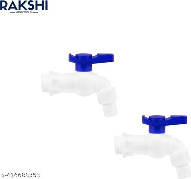 Plastic Nozzle Bib Cock Taps, White & Blue, Pack of 2