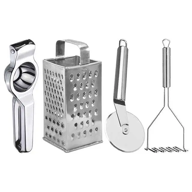 Oc9 Stainless Steel Lemon Squeezer & 4 in 1 Grater Or Slicer & Pizza Cutter & Potato Masher Kitchen Tool Set, O-145