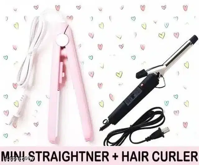 Mini Hair Straightener with Curler Combo, Multicolor, Set of 2
