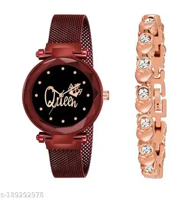 Analog Watch with Bracelet for Women, Set of 2 (Rose Gold & Maroon)