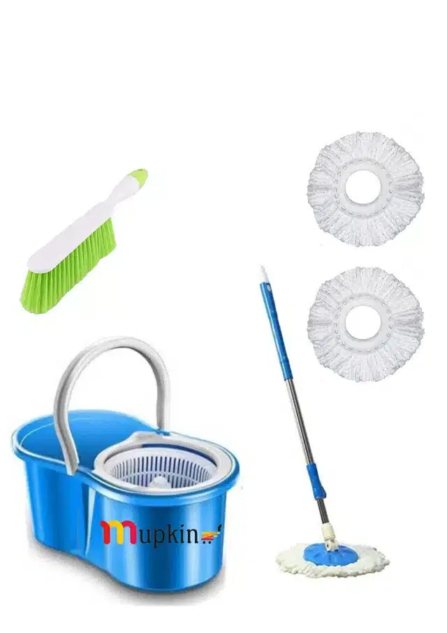 PVC Magic Spin Bucket Mop with 3 Refills & Cleaning Brush Set, Blue, Set of 2