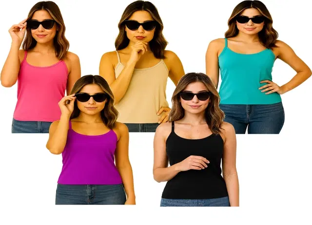 Cotton Solid Camisole for Women, Multicolour, Pack of 5 (XS)