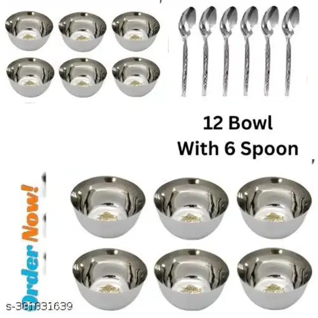 Stainless Steel 12 Pcs Bowls with 6 Pcs Spoon, Silver, Set of 2