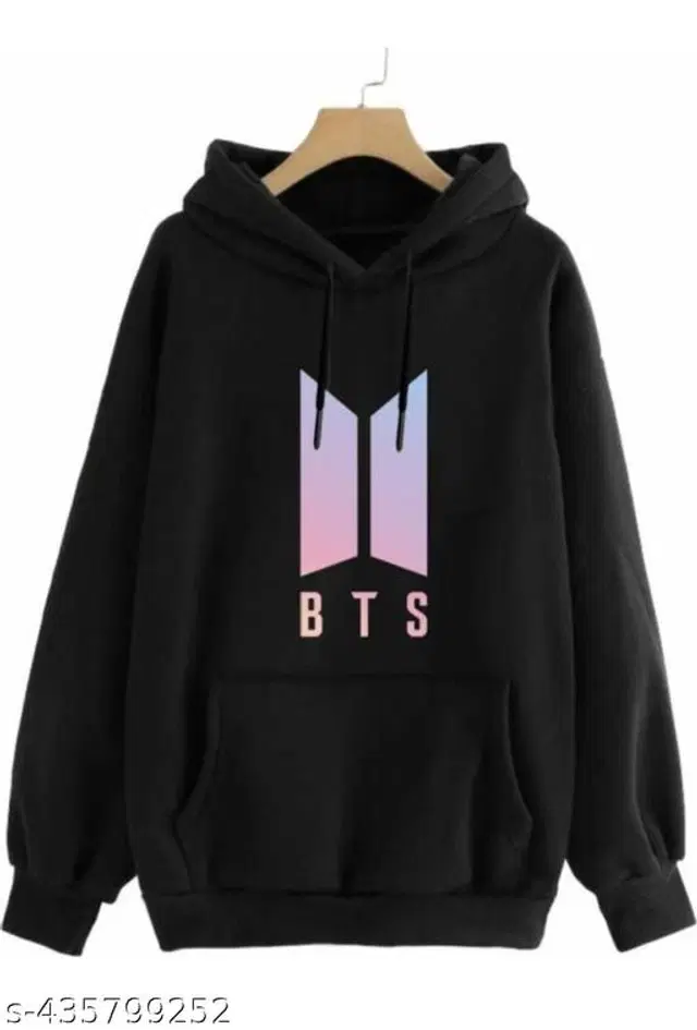 Fleece Printed Hoodie for Women (Black, S)