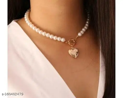 Trendy Urbanic Pearl Choker With Lock And Heart Minimal Necklace for Girls And Women