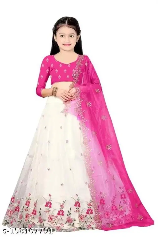 Net Lehenga with Choli & Dupatta for Girls (White & Pink, 5-6 Years)
