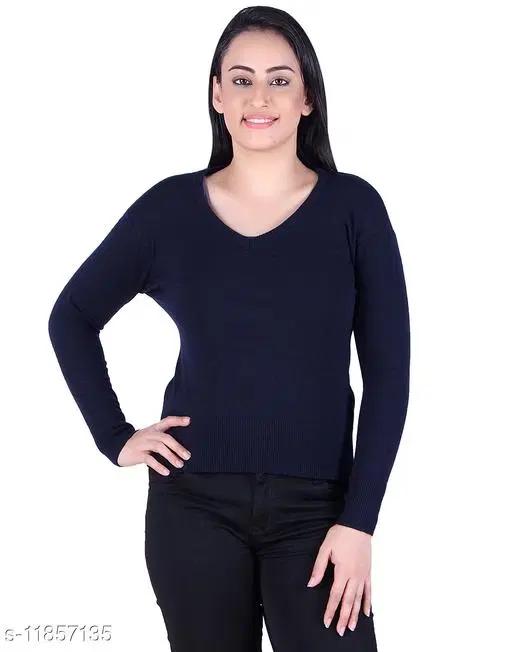 Acrylic Solid Sweater for Women (Navy Blue, M)