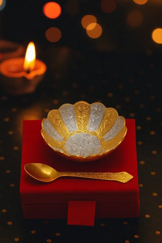 Decorative Bowl silver gold flower designer bowl with spoon