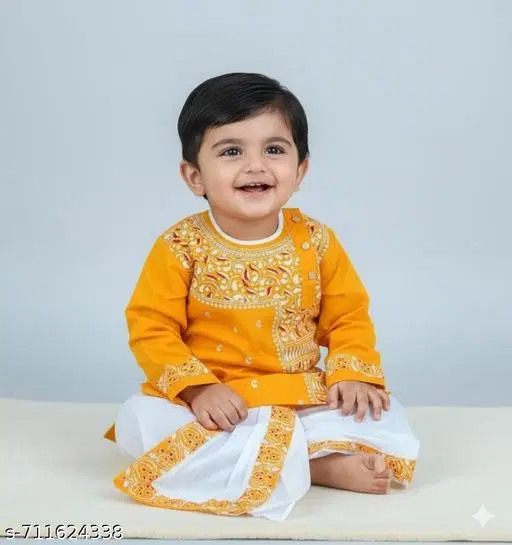 Ethnic Motif Cotton Kurta Set with Show Button for Boys (White, 4-5 Years)
