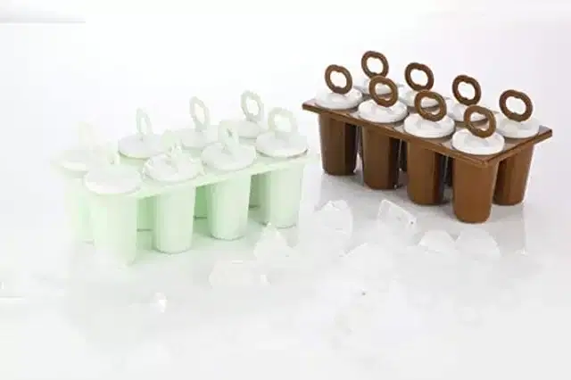 Plastic Reusable Ice Cream Mould Tray, Brown & Green, Pack of 2