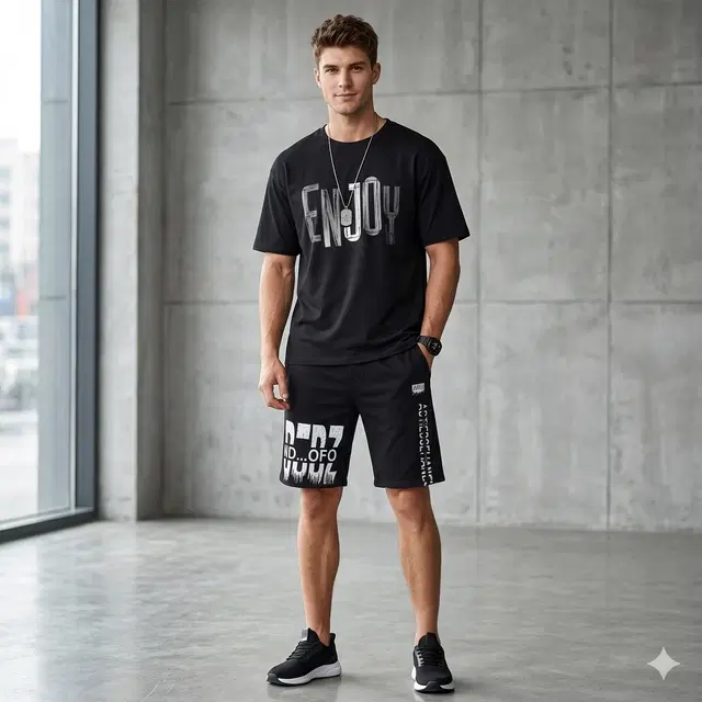 Stylish T Shirt and Shorts Set for Men, Pack of 2 (Black, S)