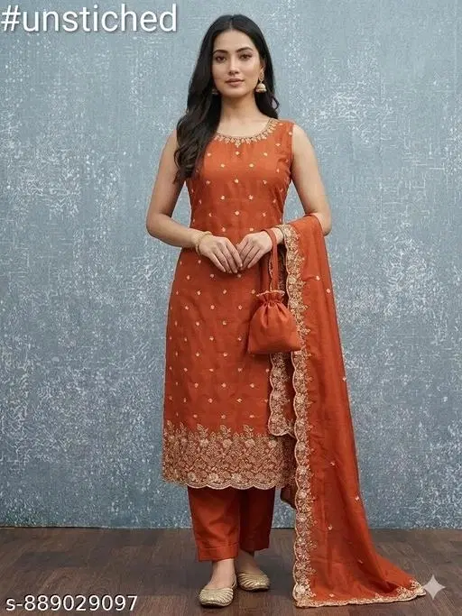 Art Silk Embroidered Unstitched Suits for Women (Rust, 6.05 meter)
