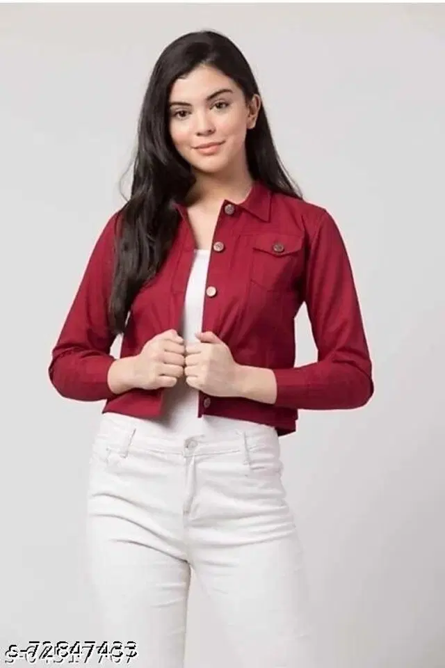 Denim Jacket for Women (Maroon, S)