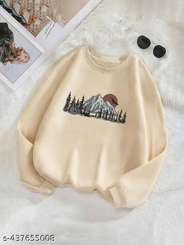 Cotton Blend Printed Sweatshirt for Women (Beige, S)