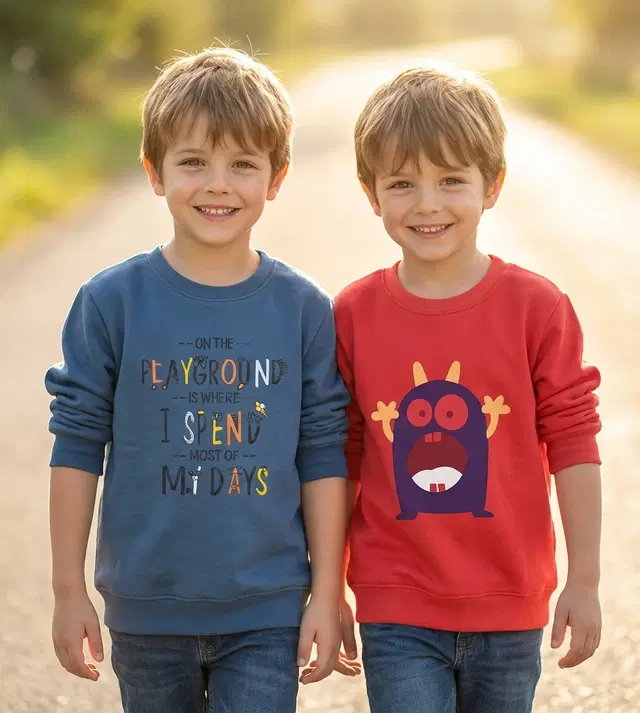 Round Neck Printed Wool Sweat Shirt For Boys, Multicolour (3-4 Years) ,Pack Of 2