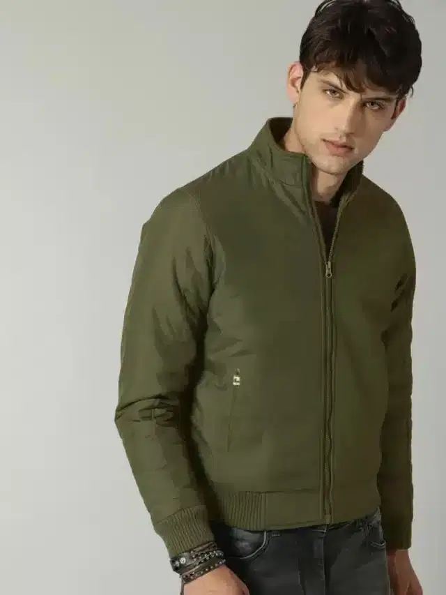 Polyester Solid Bomber Jacket for Men (Green, M)