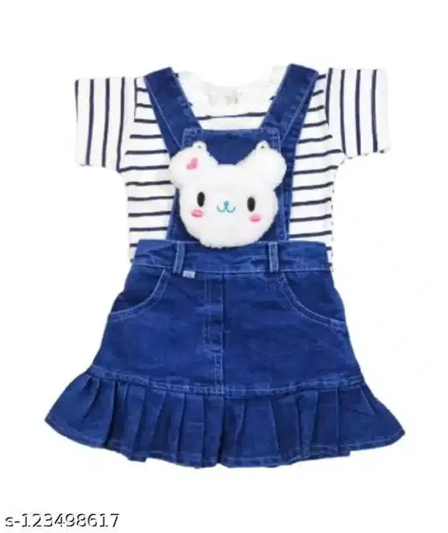 Dungaree with Top for Girls (White & Blue, 0-3 Months)