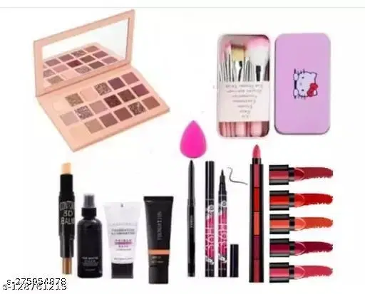 BEST QUALITY COMBO WITH. NUDE EYE SHADOW PALLETE HELLOKITTY BRUSHESCONTOUR STICK FIXER SPRAY PRIMER Foundation Black ADS Kajal. BLACK 36H eyeliner 5 in 1 lipstick red Addition