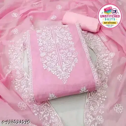 Chanderi Cotton Embroidered Unstitched Suit for Women (Pink)