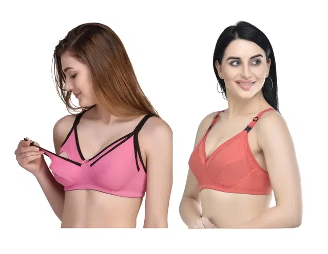 Cotton Blend Solid Non Padded Feeding Bras for Women, Pack of 2 (Multicolor, 32)