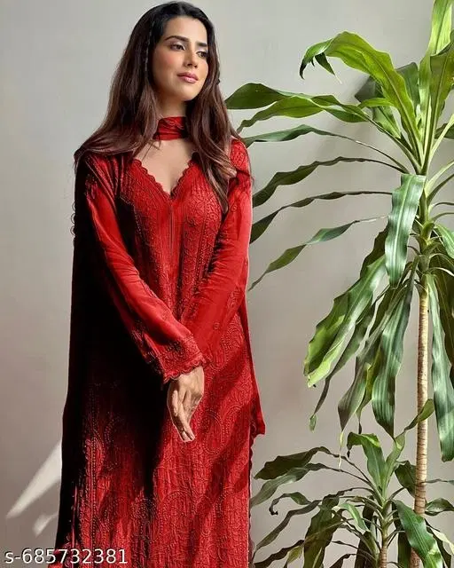 Embroidered Palazzo Pants for Women (Red, XS)