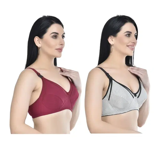 Cotton Blend Solid Non Padded Feeding Bras for Women, Pack of 2 (Multicolor, 34)