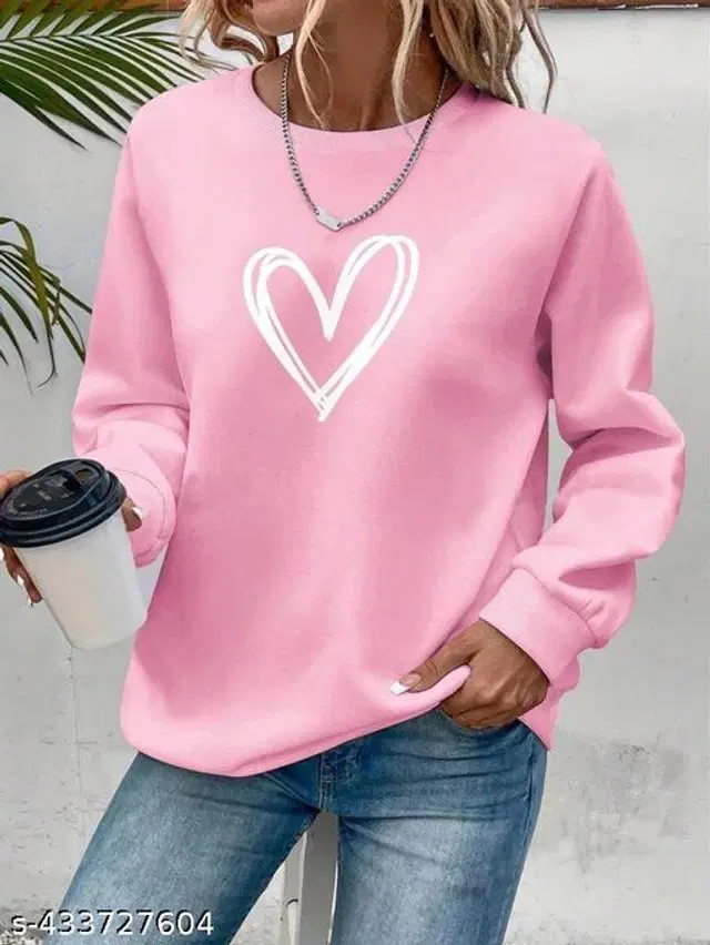 Fleece Printed Sweatshirt for Women (Pink, S)