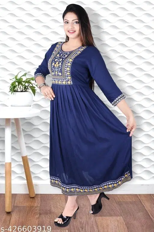 Embroidery Cotton Rayon Fabric Kurta for Women (Blue, XS)
