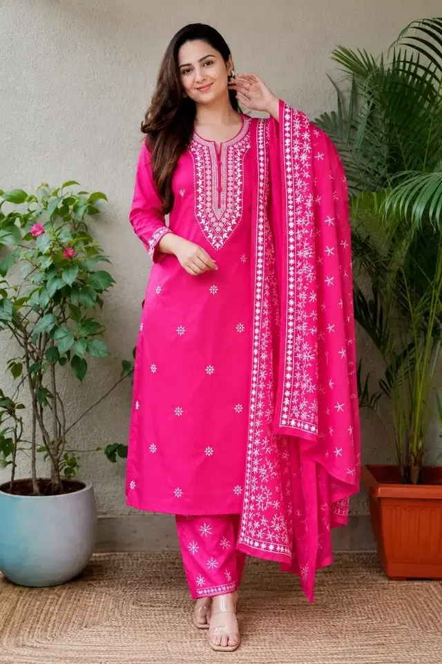 Rayon embroidered A-line Kurta Set for Women ( Pink,L )