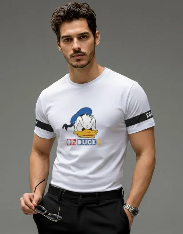 Polyester Printed T-shirt for Men, White (M)