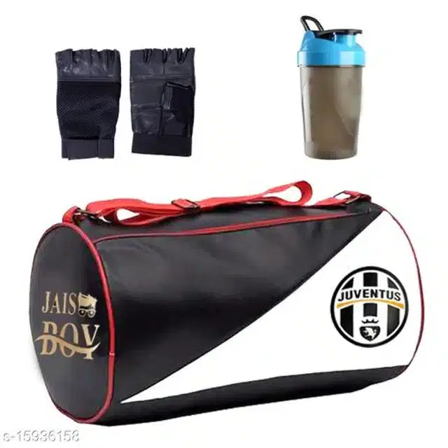 Combo of Gym Bag with Shaker Bottle, 600 ml, Gloves, Multicolor, Set of 3