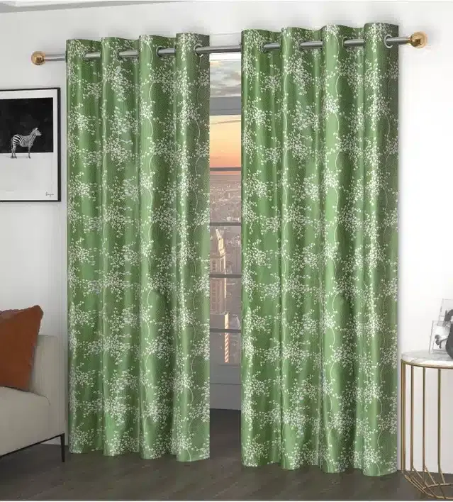 Printed Window & Door Curtains, Pack of 2, Green, 5 feet