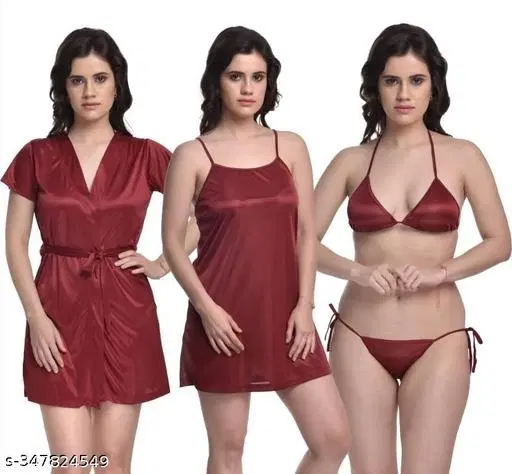 Satin Solid Babydoll for Women, Maroon (S)