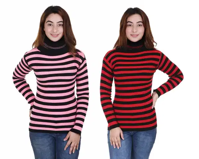 Full Sleeves Striped Sweater for Women, Pack of 2 (Light Pink & Maroon, XL)